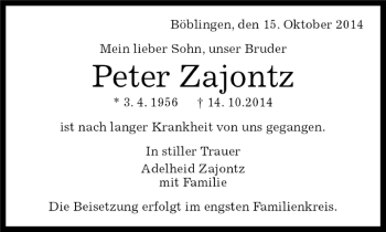 Traueranzeige von Peter Zajontz von Kreiszeitung Böblinger Bote