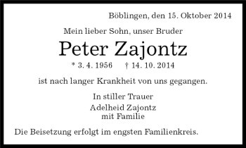 Traueranzeige von Peter Zajontz von Kreiszeitung Böblinger Bote