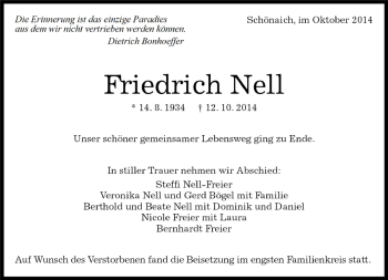 Traueranzeige von Friedrich Nell von Kreiszeitung Böblinger Bote