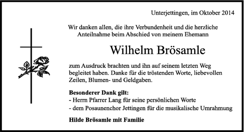  Traueranzeige für Wilhelm Brösamle vom 16.10.2014 aus Kreiszeitung Böblinger Bote