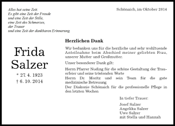 Traueranzeige von Frieda Salzer von Kreiszeitung Böblinger Bote