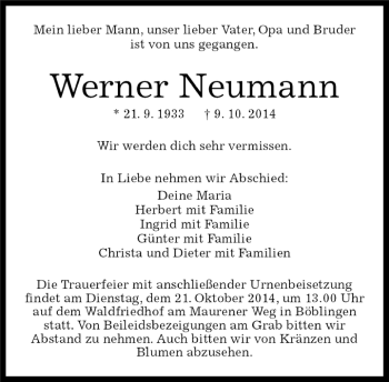 Traueranzeige von Werner Neumann von Kreiszeitung Böblinger Bote