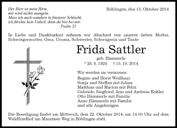Traueranzeige von Frida Sattler von Kreiszeitung Böblinger Bote