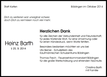 Traueranzeige von Heinz Barth von Kreiszeitung Böblinger Bote