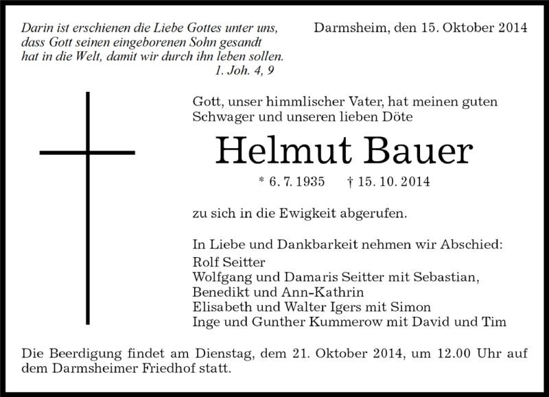  Traueranzeige für Helmut Bauer vom 17.10.2014 aus Kreiszeitung Böblinger Bote