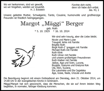 Traueranzeige von Margot Berger von Kreiszeitung Böblinger Bote
