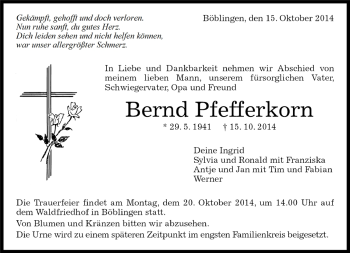 Traueranzeige von Bernd Pfefferkorn von Kreiszeitung Böblinger Bote