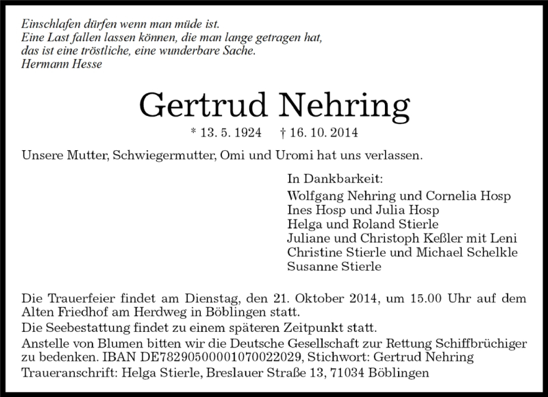  Traueranzeige für Gertrud Nehring vom 20.10.2014 aus Kreiszeitung Böblinger Bote