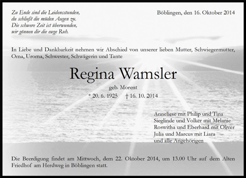  Traueranzeige für Regina Wamsler vom 18.10.2014 aus Kreiszeitung Böblinger Bote