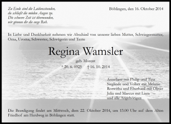 Traueranzeige von Regina Wamsler von Kreiszeitung Böblinger Bote