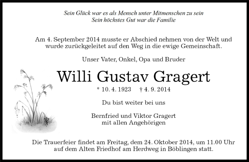  Traueranzeige für Willi Gustav Gragert vom 18.10.2014 aus Kreiszeitung Böblinger Bote