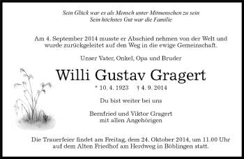 Traueranzeige von Willi Gustav Gragert von Kreiszeitung Böblinger Bote