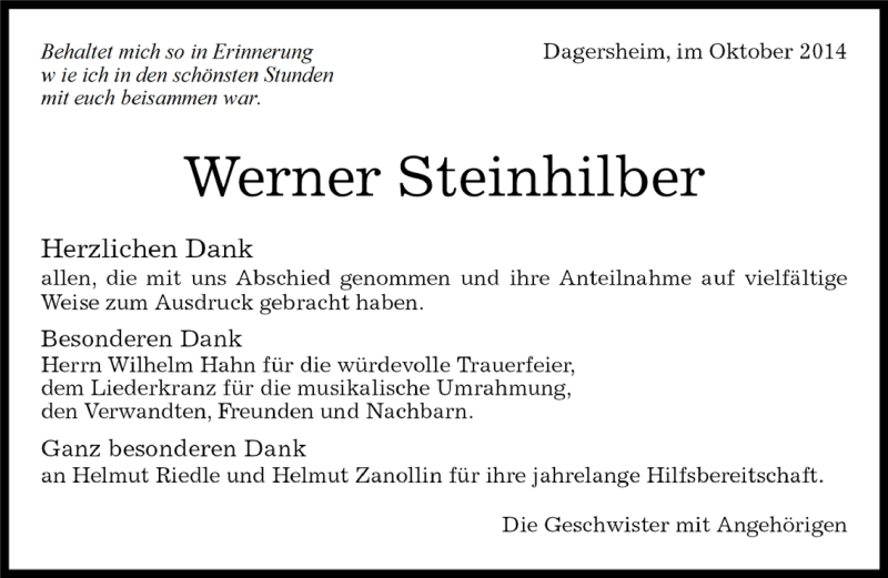  Traueranzeige für Werner Steinhilber vom 21.10.2014 aus Kreiszeitung Böblinger Bote