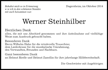 Traueranzeige von Werner Steinhilber von Kreiszeitung Böblinger Bote