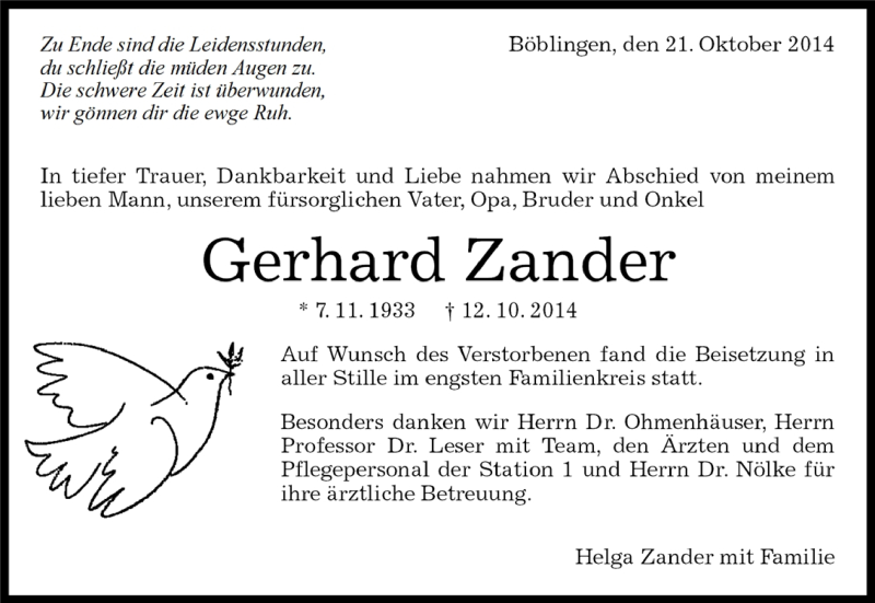 Traueranzeige für Gerhard Zander vom 21.10.2014 aus Kreiszeitung Böblinger Bote