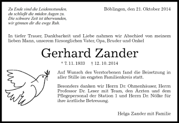 Traueranzeige von Gerhard Zander von Kreiszeitung Böblinger Bote