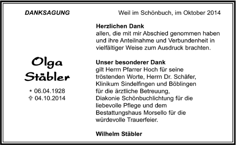  Traueranzeige für Olga Stäbler vom 21.10.2014 aus Kreiszeitung Böblinger Bote