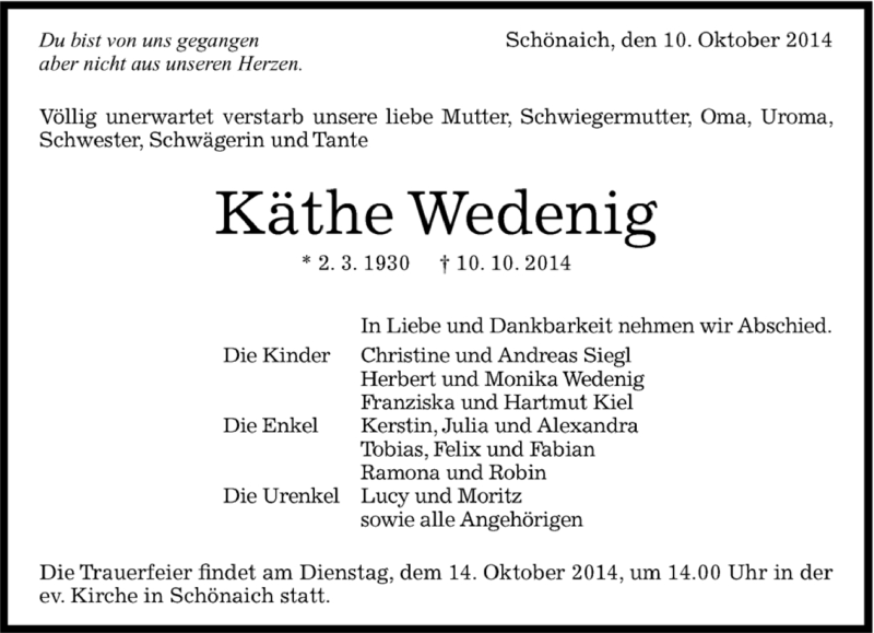  Traueranzeige für Käthe Wedenig vom 13.10.2014 aus Kreiszeitung Böblinger Bote