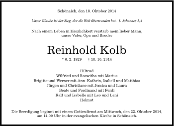 Traueranzeige von Reinhold Kolb von Kreiszeitung Böblinger Bote