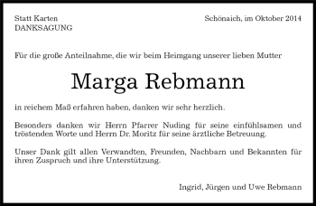 Traueranzeige von Marga Rebmann von Kreiszeitung Böblinger Bote