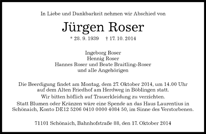  Traueranzeige für Jürgen Roser vom 21.10.2014 aus Kreiszeitung Böblinger Bote