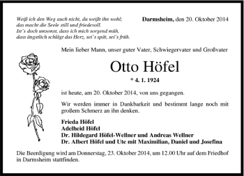 Traueranzeige von Otto Höfel von Kreiszeitung Böblinger Bote
