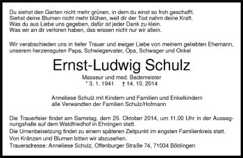 Traueranzeige von Ernst-Ludwig Schulz von Kreiszeitung Böblinger Bote