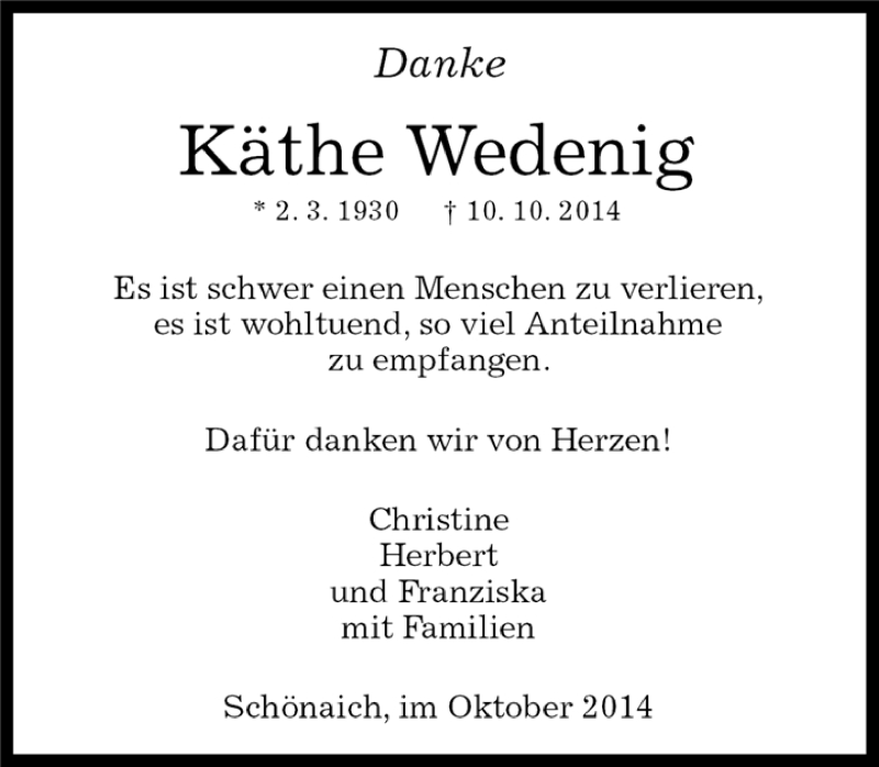  Traueranzeige für Käthe Wedenig vom 23.10.2014 aus Kreiszeitung Böblinger Bote