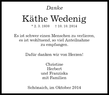 Traueranzeige von Käthe Wedenig von Kreiszeitung Böblinger Bote