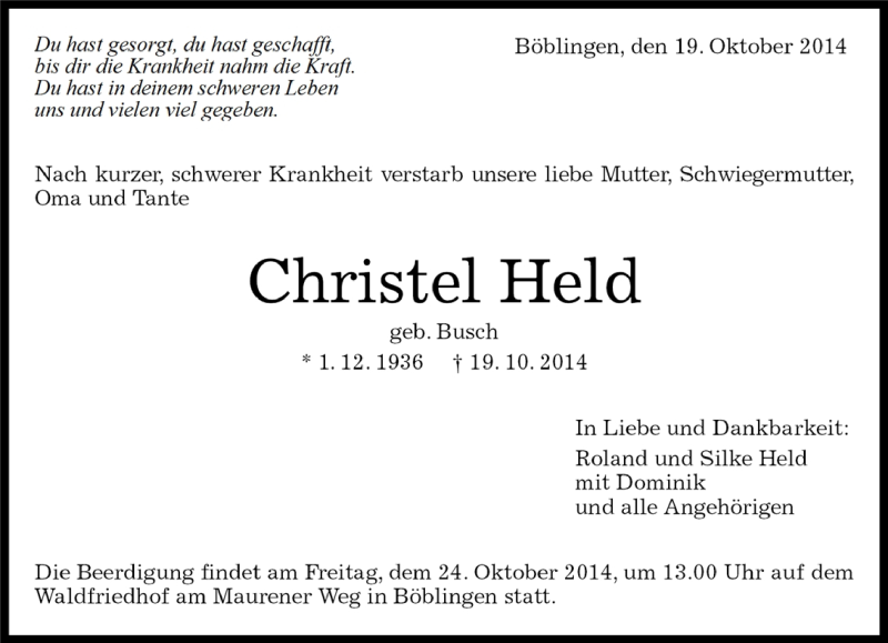  Traueranzeige für Christel Held vom 21.10.2014 aus Kreiszeitung Böblinger Bote