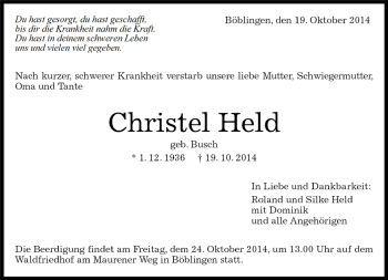 Traueranzeige von Christel Held von Kreiszeitung Böblinger Bote