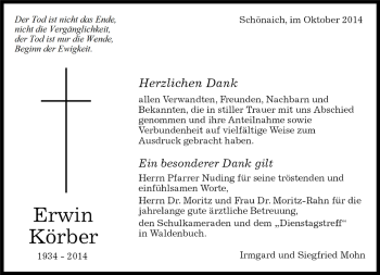 Traueranzeige von Erwin Körber von Kreiszeitung Böblinger Bote