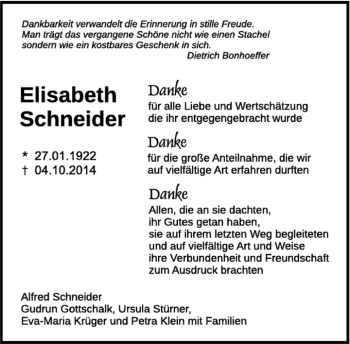 Traueranzeige von Elisabeth Schneider von Kreiszeitung Böblinger Bote