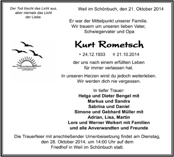 Traueranzeige von Kurt Rometsch von Kreiszeitung Böblinger Bote