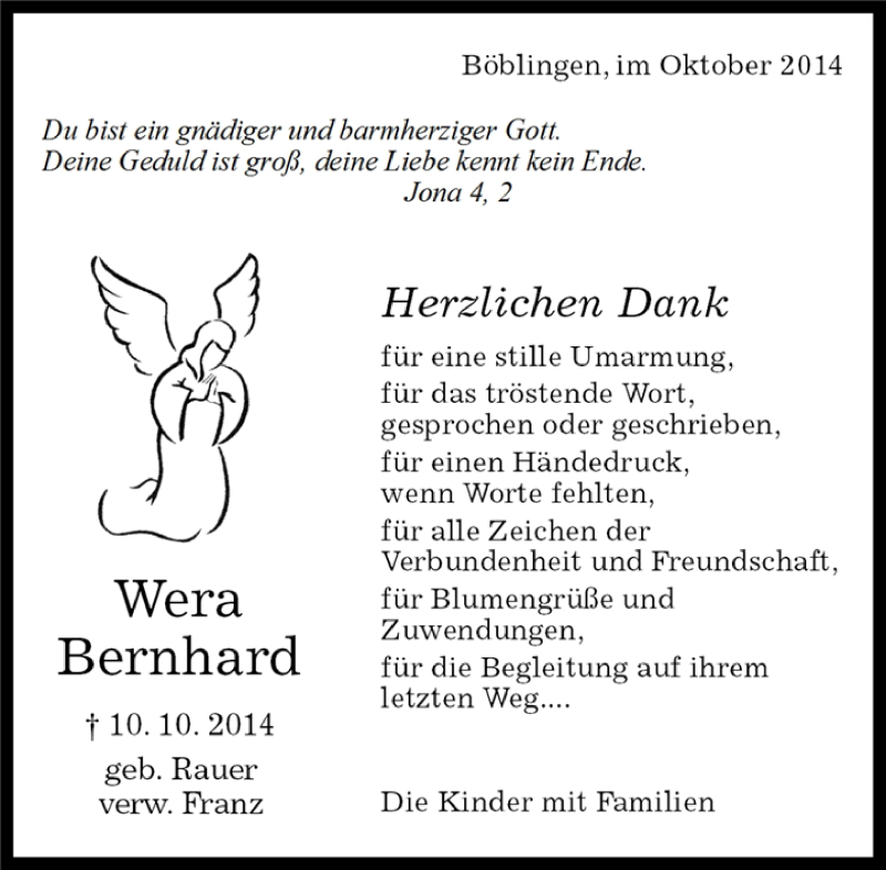  Traueranzeige für Wera Bernhard vom 25.10.2014 aus Kreiszeitung Böblinger Bote