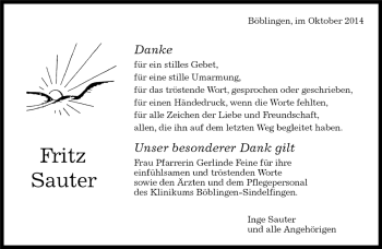 Traueranzeige von Fritz Sauter von Kreiszeitung Böblinger Bote