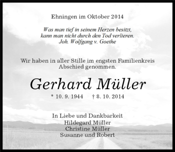 Traueranzeige von Gerhard Müller von Kreiszeitung Böblinger Bote