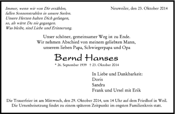 Traueranzeige von Bernd Hanses von Kreiszeitung Böblinger Bote