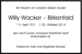 Traueranzeige von Willy Wacker-Birkenfeld von Kreiszeitung Böblinger Bote