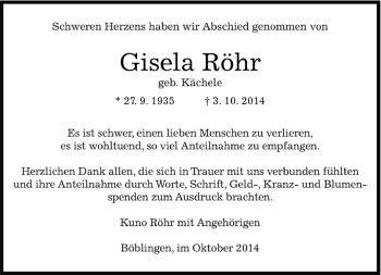 Traueranzeige von Gisela Röhr von Kreiszeitung Böblinger Bote