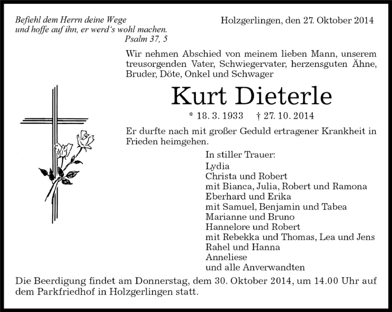  Traueranzeige für Kurt Dieterle vom 29.10.2014 aus Kreiszeitung Böblinger Bote