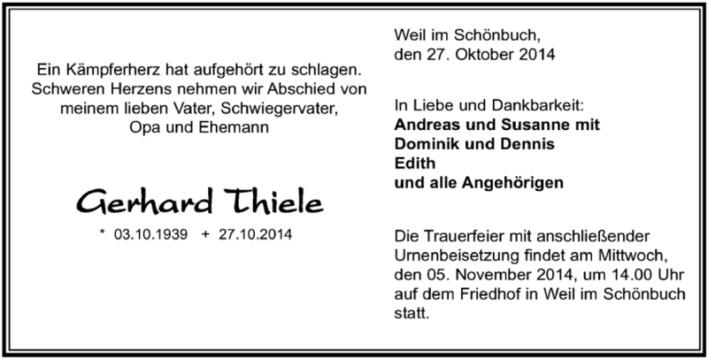  Traueranzeige für Gerhard Thiele vom 30.10.2014 aus Kreiszeitung Böblinger Bote