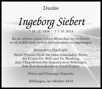 Traueranzeige von Ingeborg Siebert von Kreiszeitung Böblinger Bote