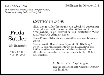 Traueranzeige von Frida Sattler von Kreiszeitung Böblinger Bote