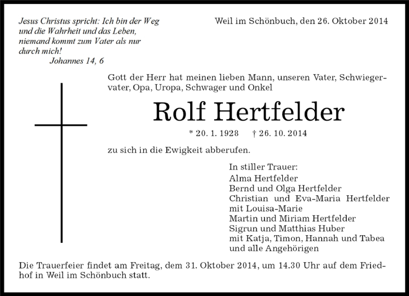  Traueranzeige für Rolf Hertfelder vom 30.10.2014 aus Kreiszeitung Böblinger Bote