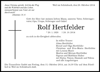 Traueranzeige von Rolf Hertfelder von Kreiszeitung Böblinger Bote