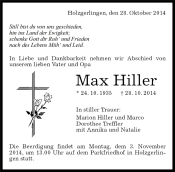 Traueranzeige von Max Hiller von Kreiszeitung Böblinger Bote