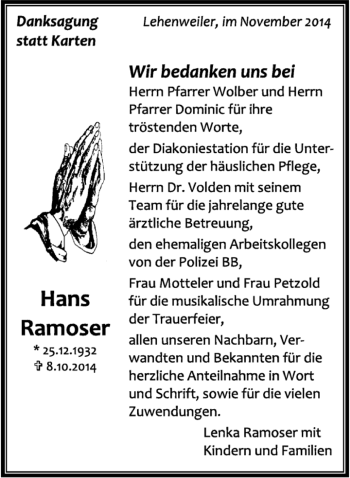 Traueranzeige von Hans Ramoser von Kreiszeitung Böblinger Bote