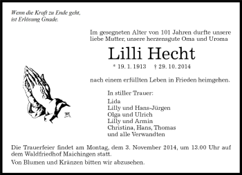 Traueranzeige von Lilli Hecht von Kreiszeitung Böblinger Bote