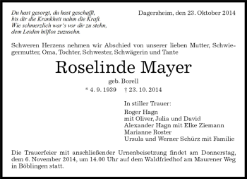 Traueranzeige von Roselinde Mayer von Kreiszeitung Böblinger Bote